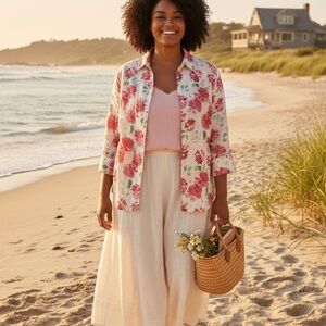 JM Collection 100% Linen Coral Floral Button-Up Shirt Jacket